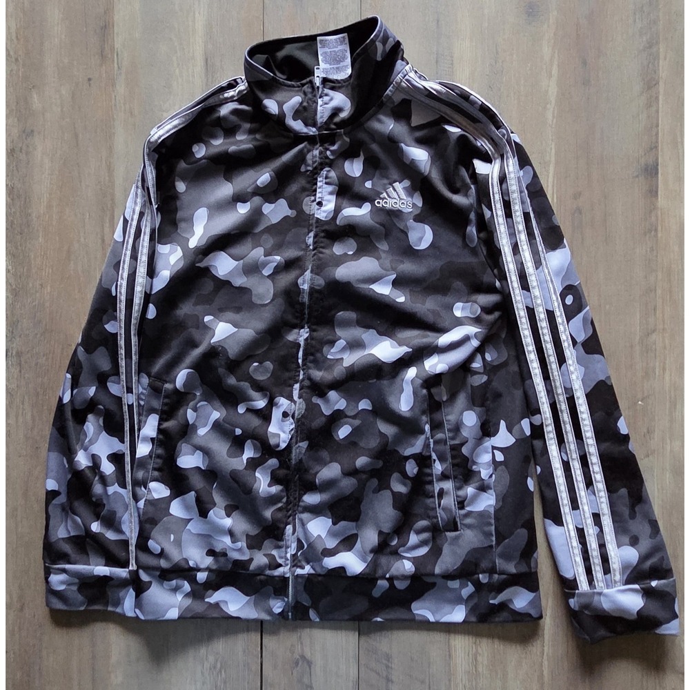 Adidas Black Gray Camouflage 3-Stripe Full Zip Up Track Jacket Youth Large 14-16